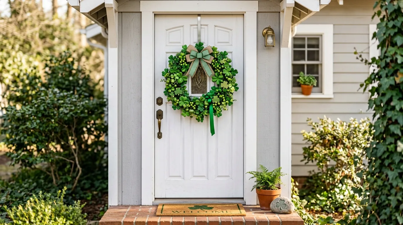 Front door with shamrock St. Patrick's Day wreath